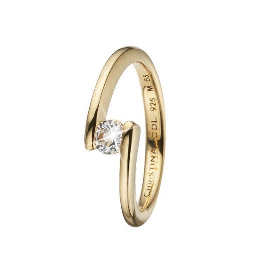 Supernova ring i forgyldt sølv fra Christina Jewelry & Watches med klar kubisk zirkonia og let snoet design.